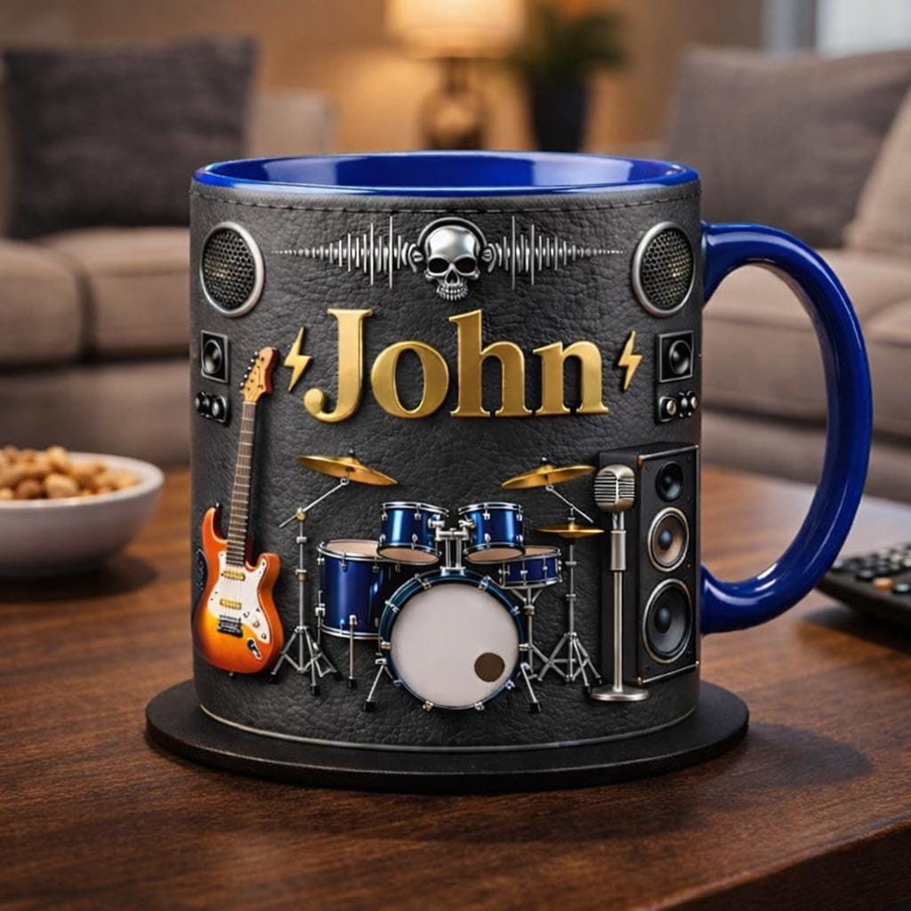 Personalized Rock Band Coffee Mug, Guitar & Drum Music Lover Gift for Him