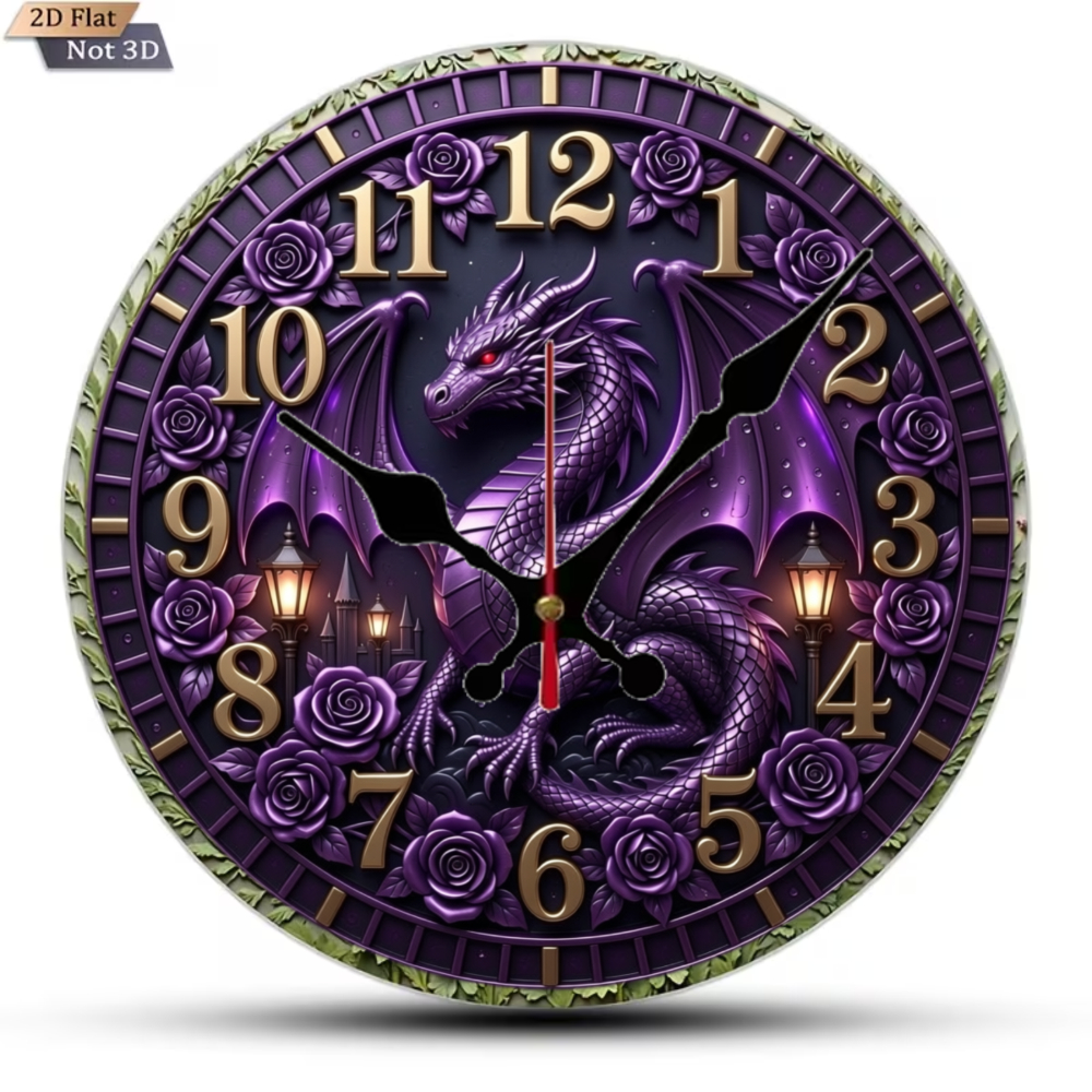 TEMU Purple Dragon Wall Clock With Rose Pattern And Gold Numbers For Home Decor Halloween Christmas Gift