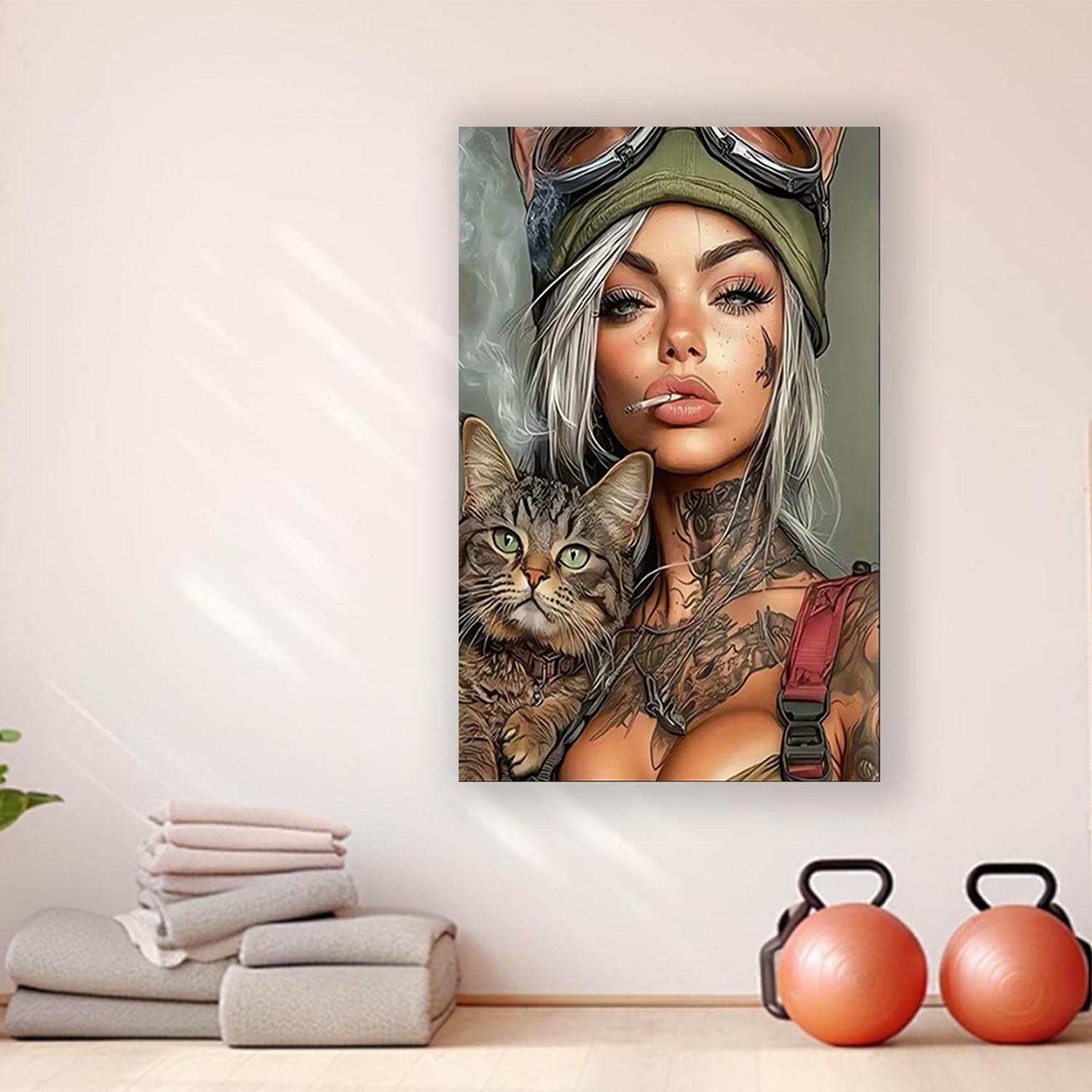 Framed 2D falt A lady with a cat tattoo - Modern urban wall decoration suitable for living rooms bedrooms offices dining rooms bars - Unique gift ideas office artworks | Tattooed lady theme | Decor posters wall art decoration