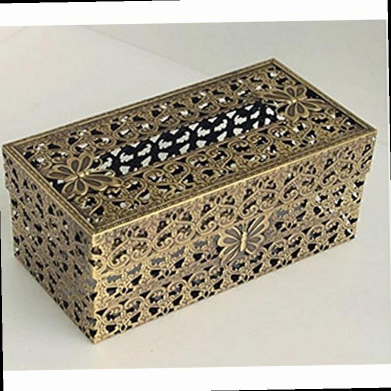   vintage rectangle tissue holder antique decorative metal tissue box cover is designed   pattern brass matt gold Product details 3
