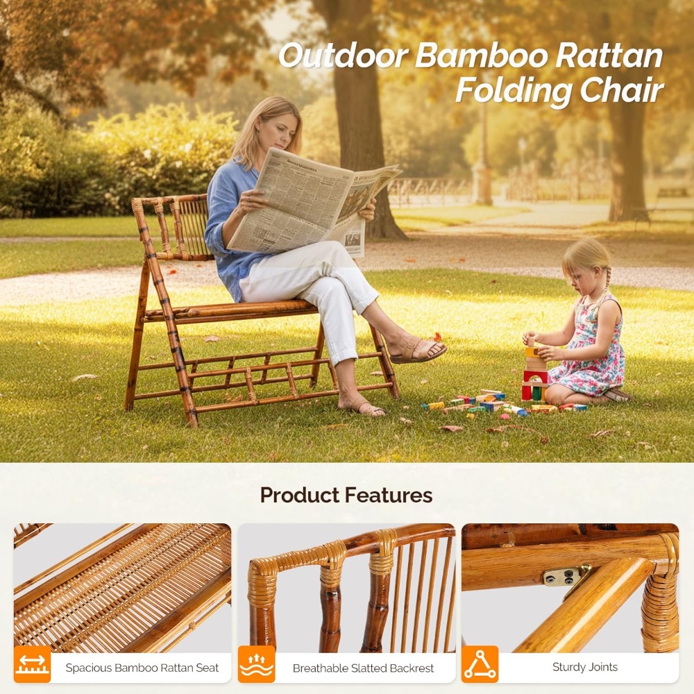 Handmade Bamboo Rattan Double Seat Folding Loveseat - Sturdy Portable Foldable Chair for Outdoor Patio Balcony Garden, Space-Saving Outdoor Leisure Chair