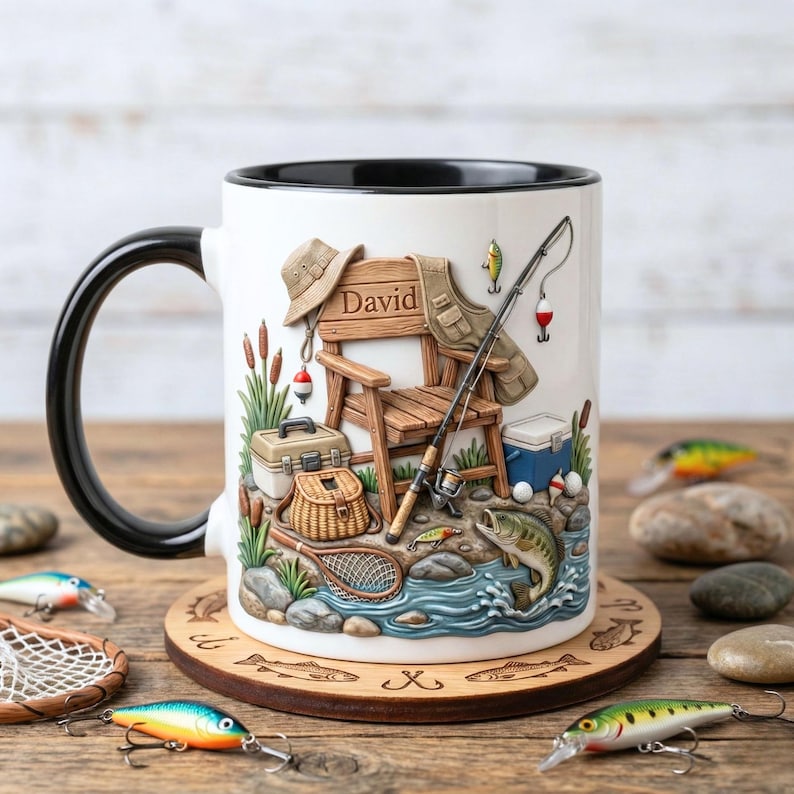 2D Flat Mug 'Personalized Fisherman Accent Mug, Fishing Lure Coffee Cup, Father’s Day Gift for Dad or Grandpa, Custom Mug Gift For Fishing Lover