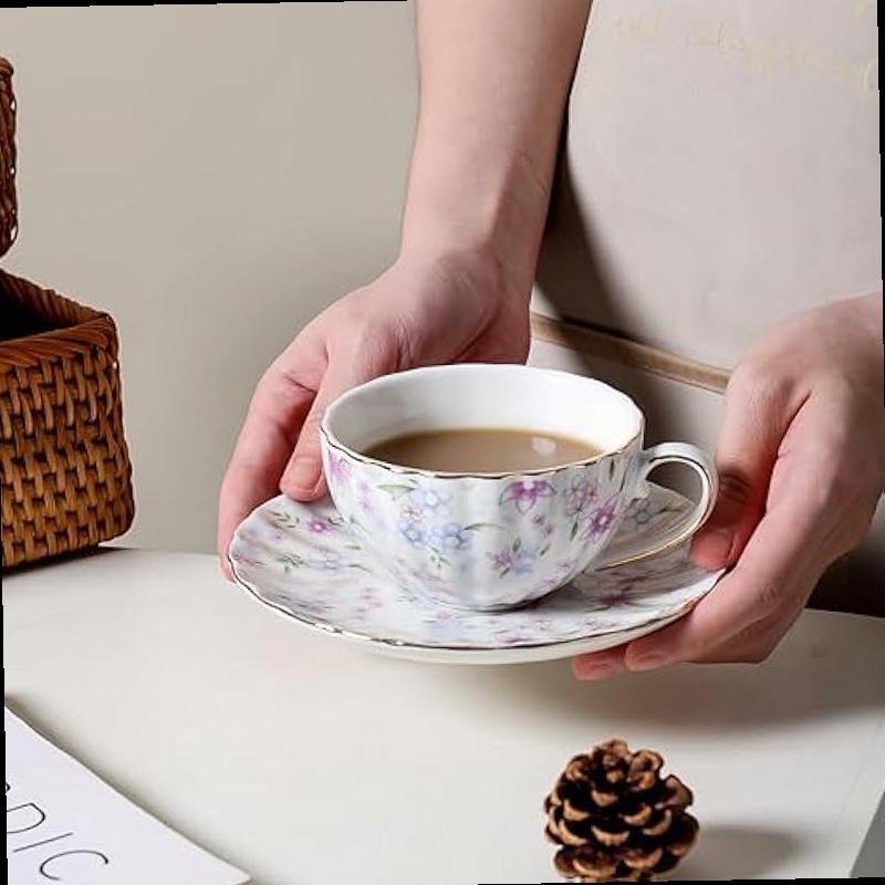   country style floral tea cup and saucer set 6 ounces cappuccino coffee cup with gold trim porcelain teacups for women and   Product details 3