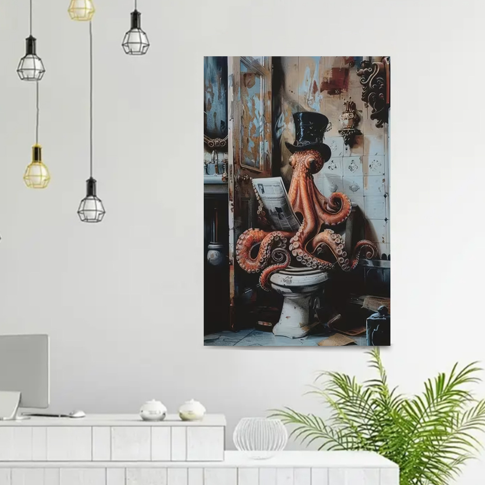Framed 1pc Whimsical Victorian Octopus in Top Hat Sitting on Toilet, Gothic Canvas Art Print – Humorous Anthropomorphic Wall Decor for Home, Office, or Café, Octopus Bathroom Decor, 2D, Perfect for Room Decor