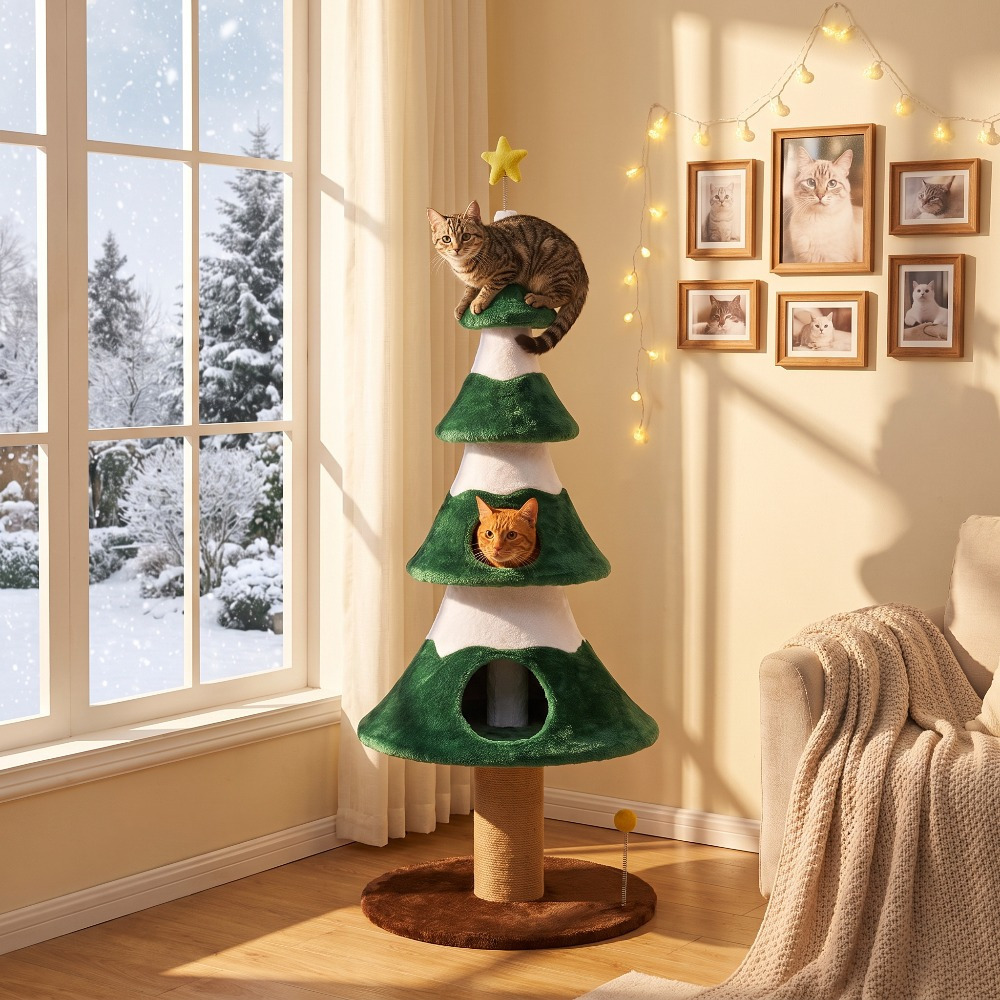 TEMU 62" Cat Tree, Cat Tower With Heavy-duty Anti-tip Base & Sisal Scratching Posts, Multi-level Tree-shaped Cat Furniture, Cozy Cat Condo, Holiday