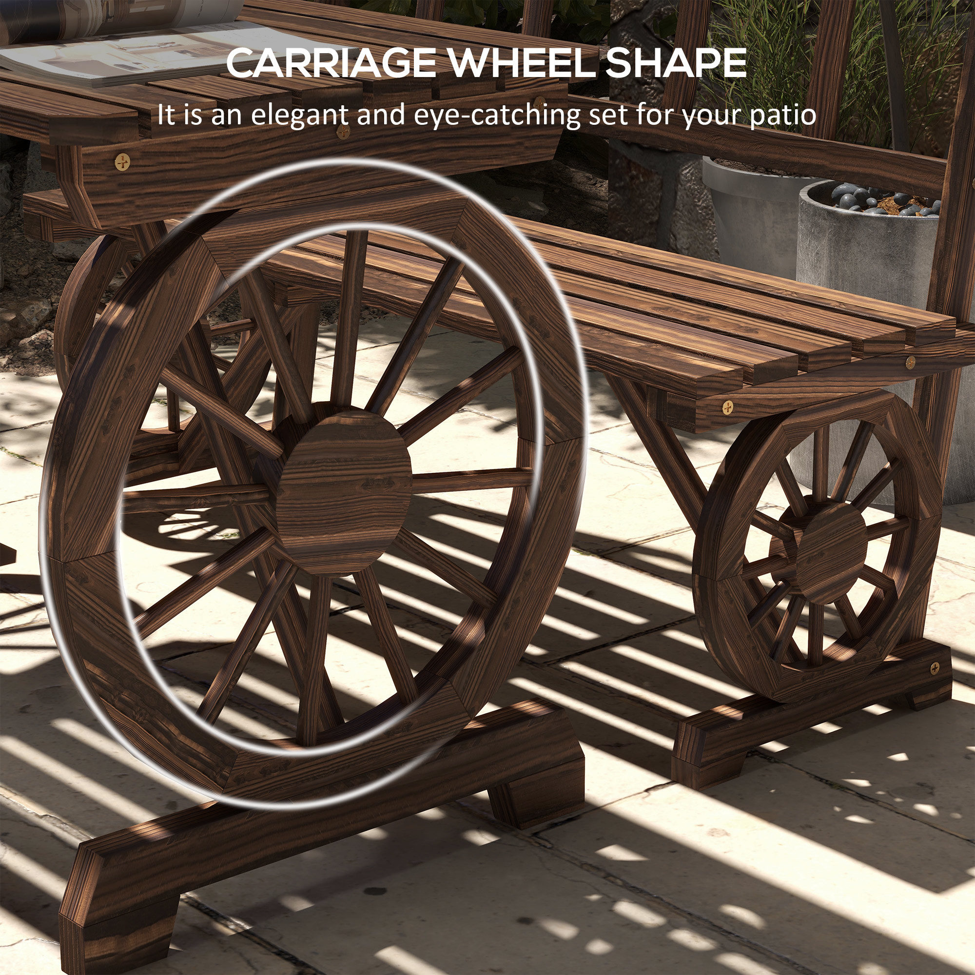 Outdoor Table and Chairs for 4 People, Wooden Patio Table and Dining Bench Set, 3 Piece All Weather Furniture Set with Wagon Wheel Design for Backyard Garden, Deck, Carbonized