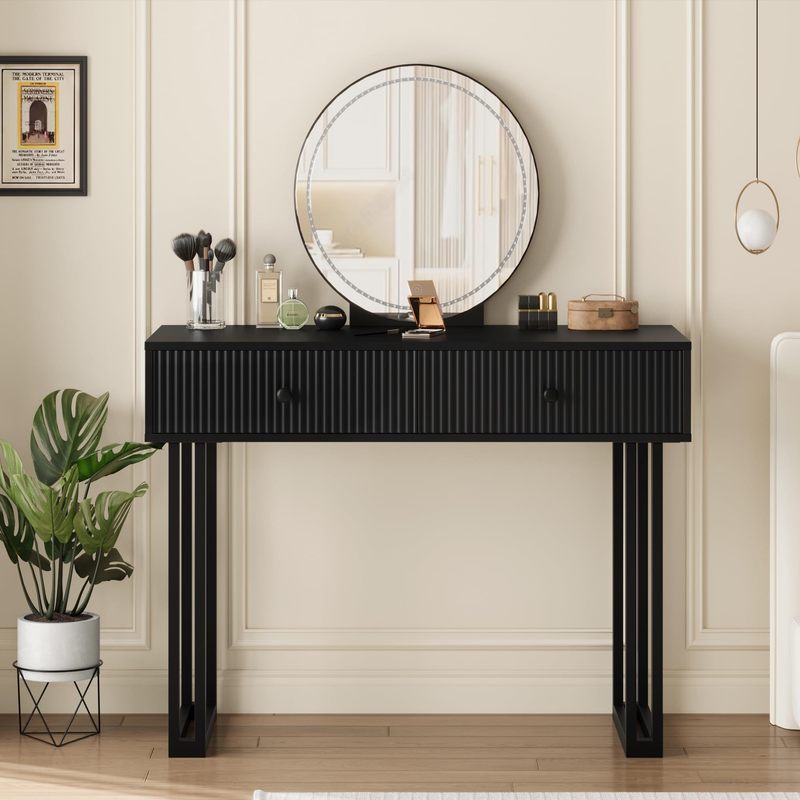 IDEALHOUSE Vanity Desk with Mirror and Lights, 49.2”H Makeup Vanity with 3 Color Lights and Adjustable Brightness, Bedroom Vanity Table with 2 Drawers, Black