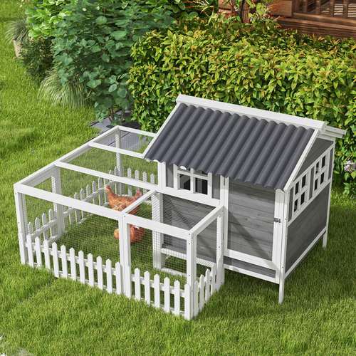 wooden chicken coop with run for 3 4 chickens with nesting box removable tray fence outdoor poultry cage 68 x 59 x 42 gray