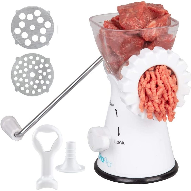 Manual Meat Grinder - Mincer W 2 Stainless Steel Plates, Sausage Attachment, Press, Heavy Duty Suction Base, Dishwasher Safe Design- Sausage, Burgers