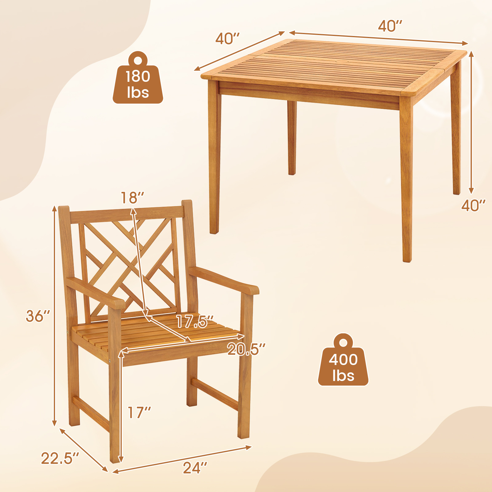 5-Pieces Patio Dining Table Set Wood Square Dining Table with 4 Chairs and Slatted Tabletop, Comfortable Outdoor Seating for Patio Garden Porch Pool Beach