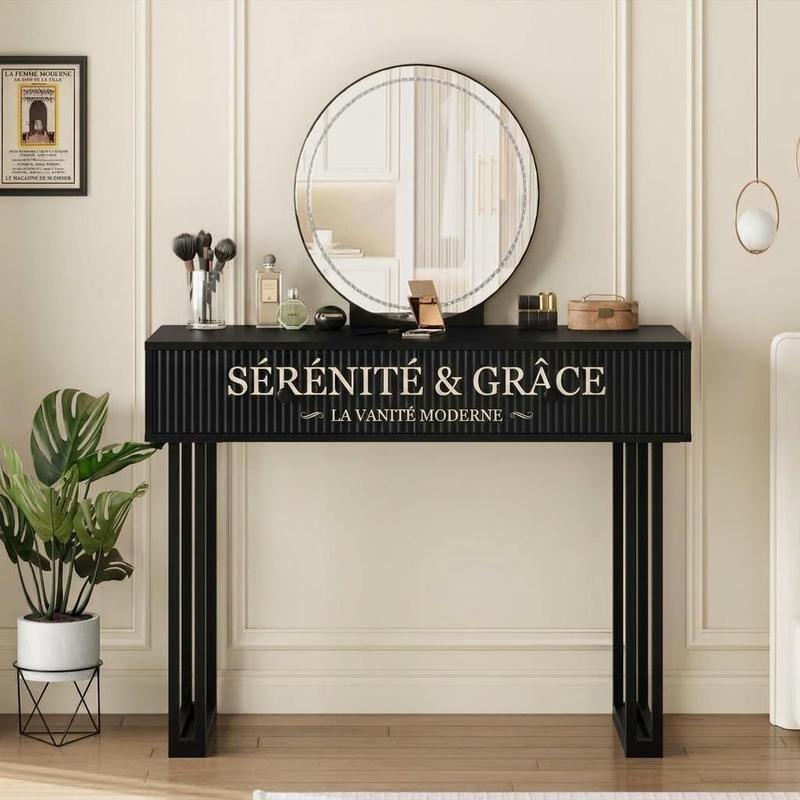 IDEALHOUSE Vanity Desk with Mirror and Lights, 49.2”H Makeup Vanity with 3 Color Lights and Adjustable Brightness, Bedroom Vanity Table with 2 Drawers, Black