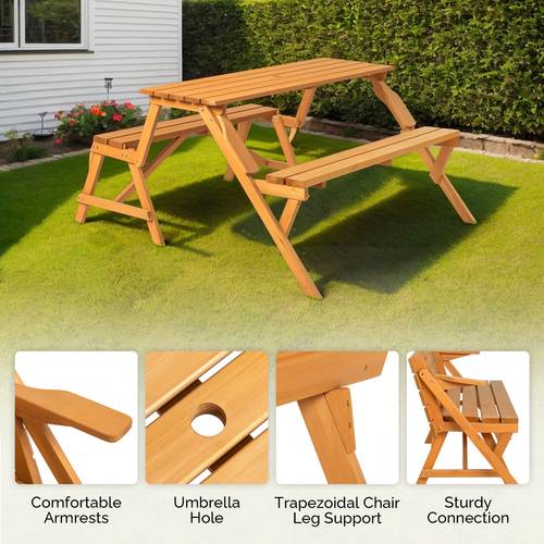 2 in 1 transforming picnic table set outdoor convertible bench with umbrella hole wooden garden bench for backyard porch patio deck