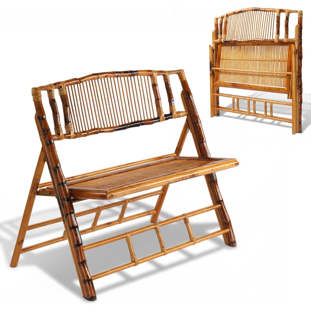 Handmade Bamboo Rattan Double Seat Folding Loveseat - Sturdy Portable Foldable Chair for Outdoor Patio Balcony Garden, Space-Saving Outdoor Leisure Chair