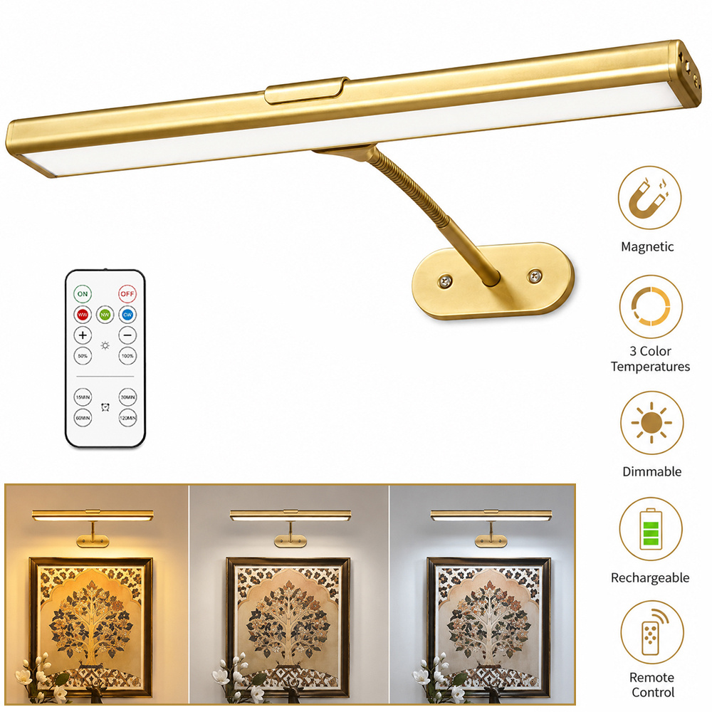 TEMU Picture Light For Wall, 4800mah Rechargeable Wireless Remote, 16in Dimmable Magnetic Led Art Display Light With 3 Color Temperatures, For
