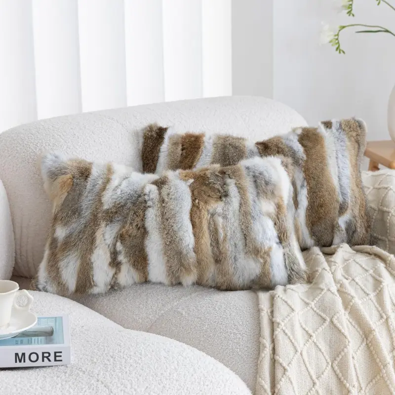 genuine rabbit fur throw pillow covers set of 2 luxury decorative pillowcases soft fluffy animal bolster cushion cover for couch sofa bedroom living room home 12x20inch yellow white Product details 0