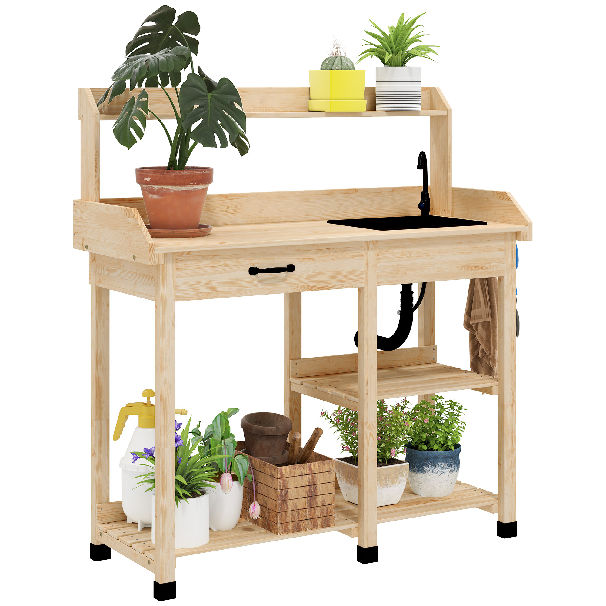   potting bench table outdoor garden table wooden   with removable sink faucet drawer shelves hooks natural wood