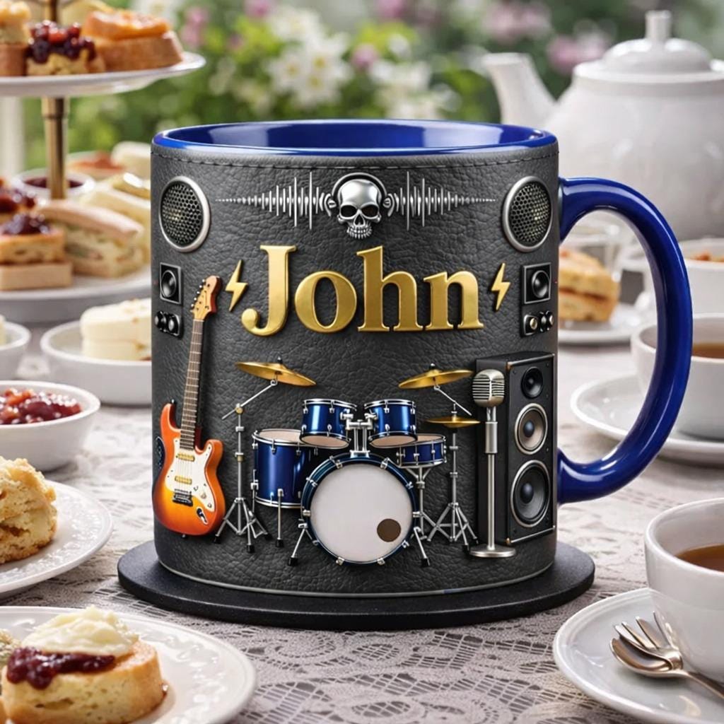 Personalized Rock Band Coffee Mug, Guitar & Drum Music Lover Gift for Him