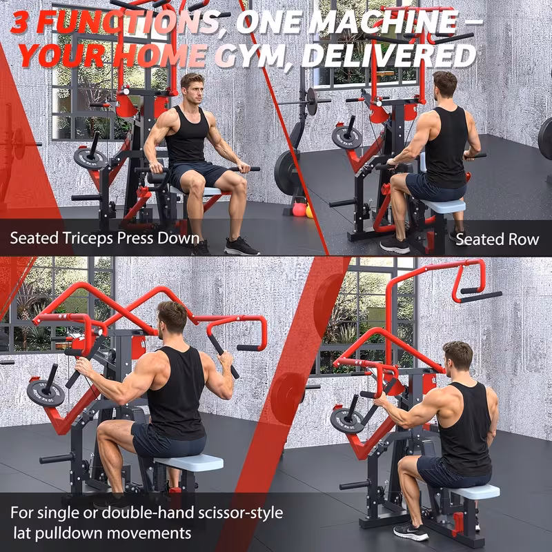 3 in 1 lat pull down seated row tricep machine back workout plate loaded machine lat tower with cable row attachment home gym pulley system machine Product details 1