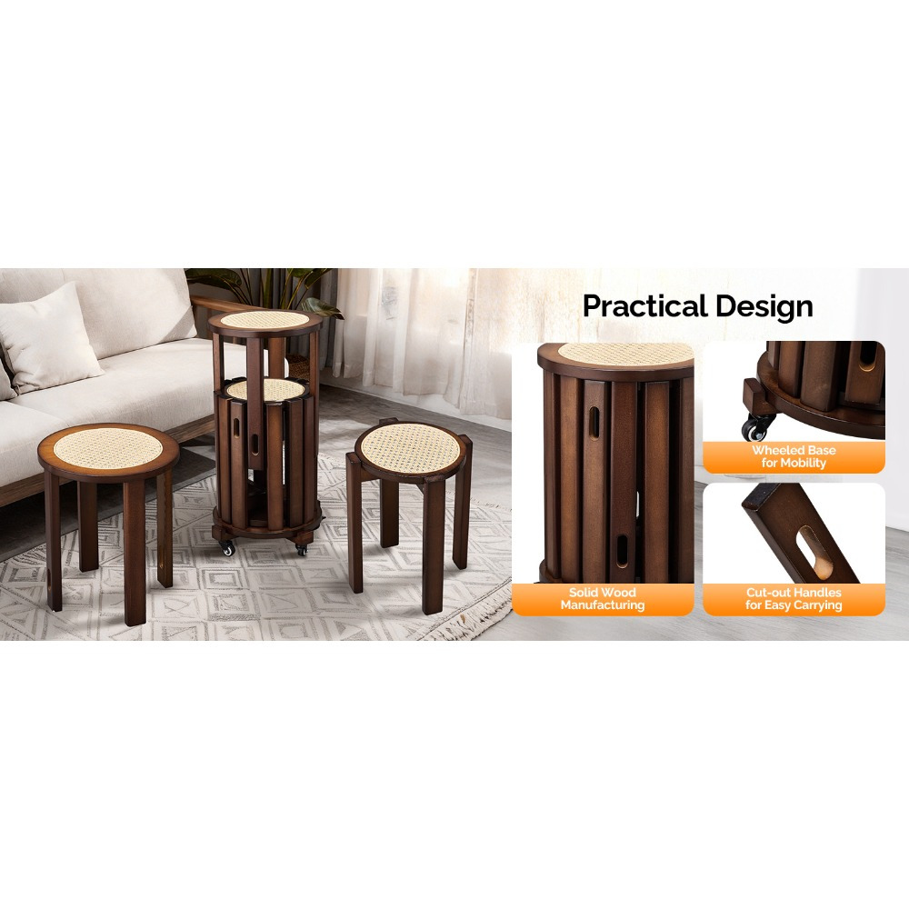 4/6 PCS Stackable Stools, Rubber Wood Stool with Rattan Woven Seat and Mobile Base, Stacking Side Stool for Dining Table, Walnut / Natural Wood
