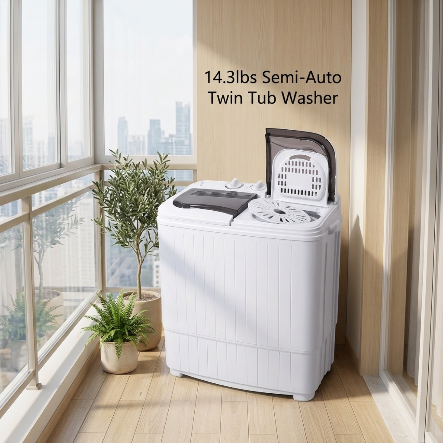 Portable Washing Machine 14.3lbs Capacity 110V Semi Automatic Dual Tub with Drain Pump Grey Lid Ripple Design Top Load Chrome Square 0 26 2 64gal US Plug Laundry Appliance Modern Durable Plastic Body