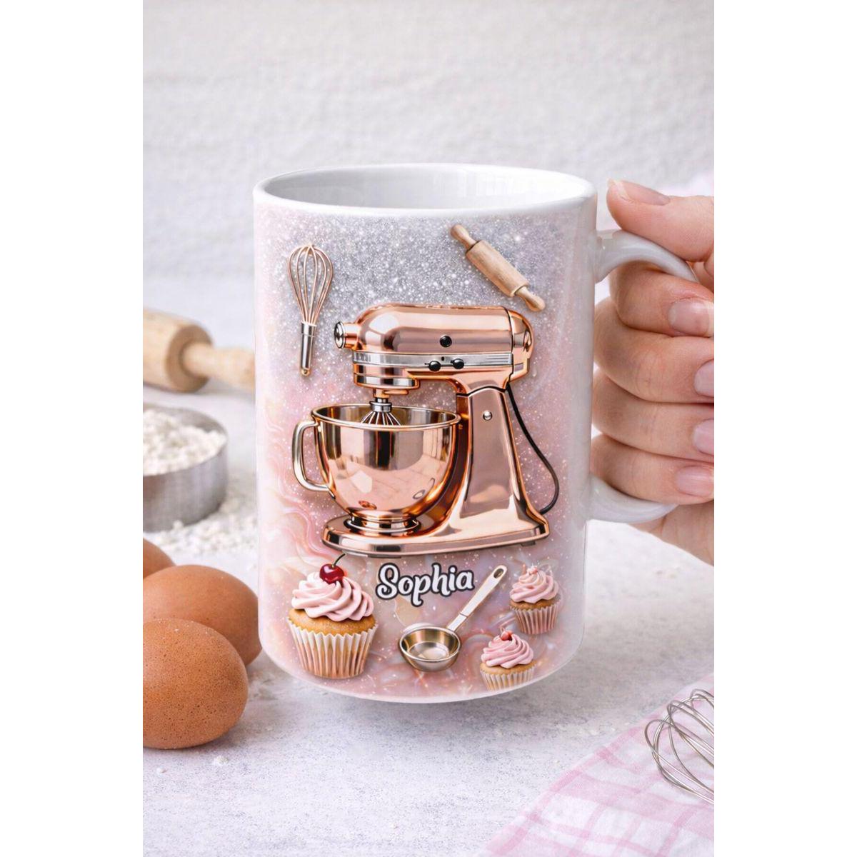 Personalized Baker Mug With Name, Baking Lover Coffee Mug, Pink Stand Mixer Cup, Custom Name Mug, Gift For Baker Woman