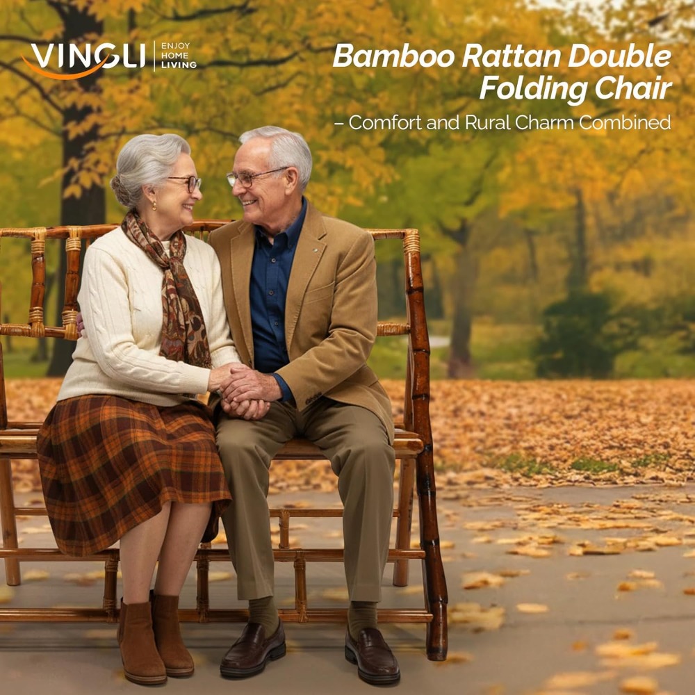 Handmade Bamboo Rattan Double Seat Folding Loveseat - Sturdy Portable Foldable Chair for Outdoor Patio Balcony Garden, Space-Saving Outdoor Leisure Chair