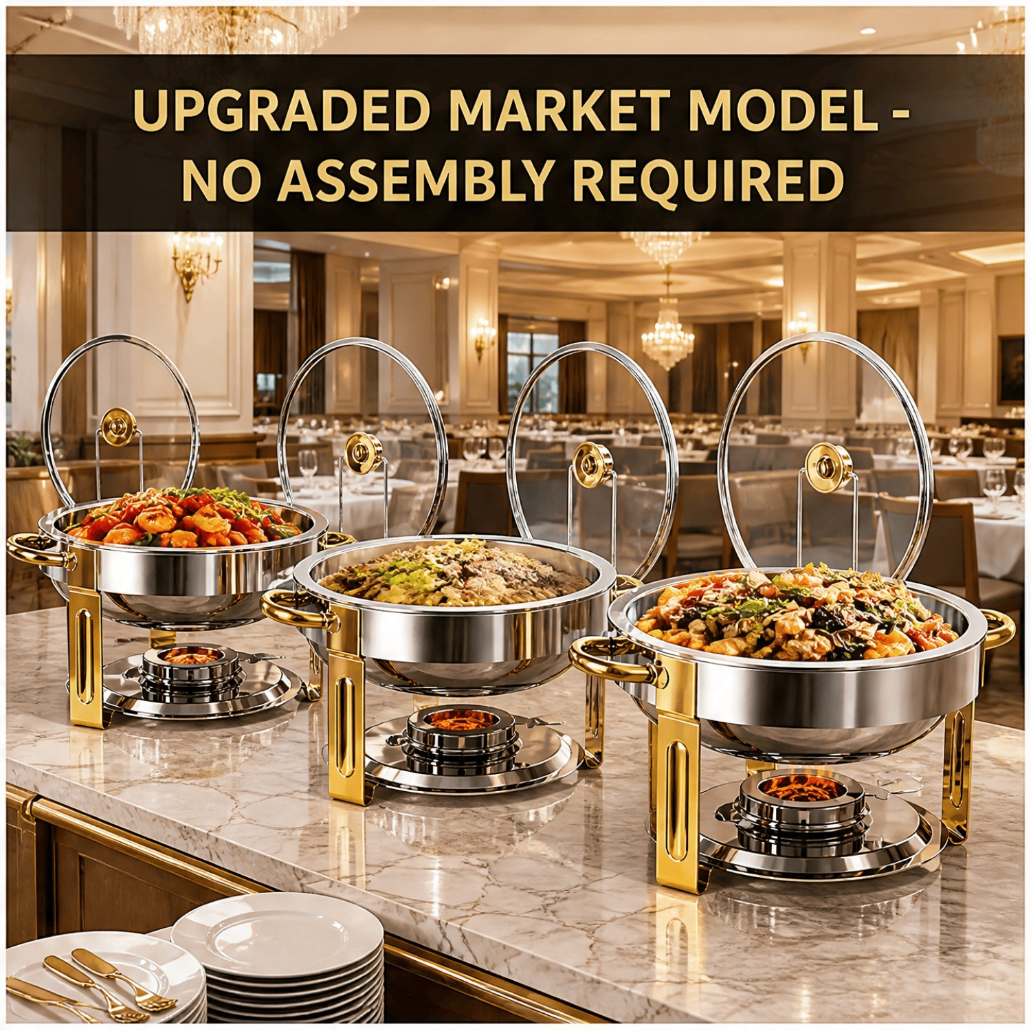 95% pre-assembled products, 2/4 piece packaging, 5-gallon round stainless steel self-service hot pot set, equipped with glass cover and cover stand, food warmer, and hot meal plates