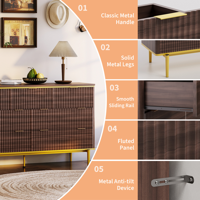 GarveeHome 7 Drawers Dresser for Bedroom, 54in Wide Fluted Chest of Drawers Dresser Wood Storage Cabinet Curved Design TV Stand with Gold Metal Handles for Bedroom Living Room, Walnut