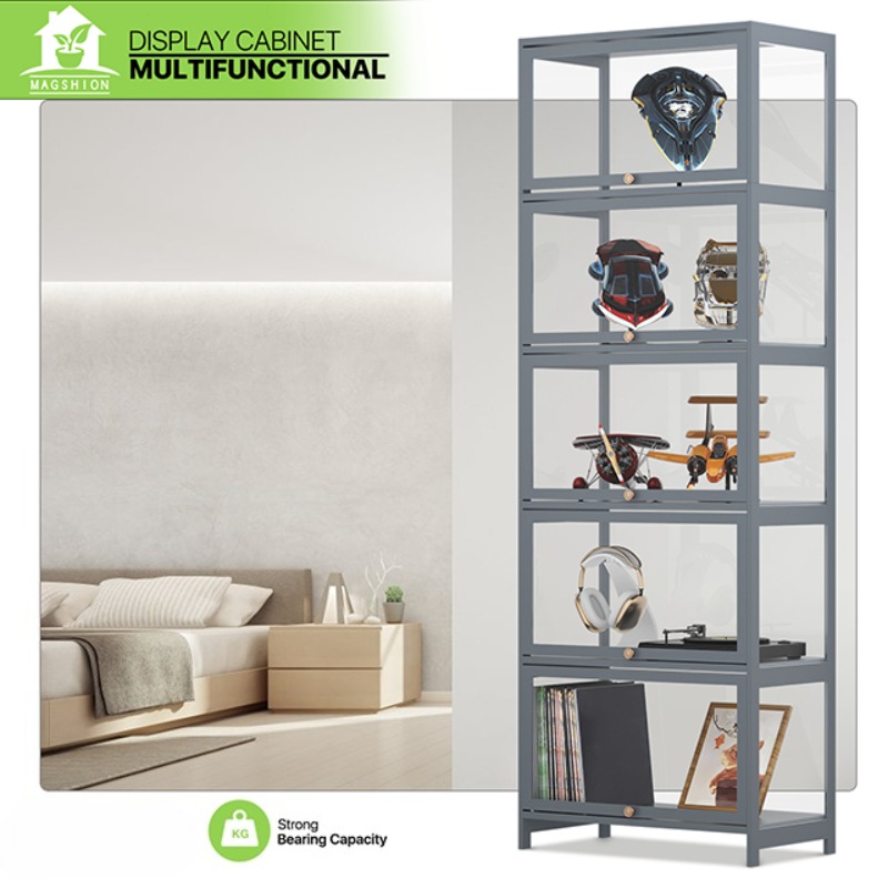 TEMU 5-tier Clear Display Case For Figures, 65.5" High Showcase Display Cabinet With Flip Acrylic Doors, Bamboo Tall Liquor Storage Cabinet Floor