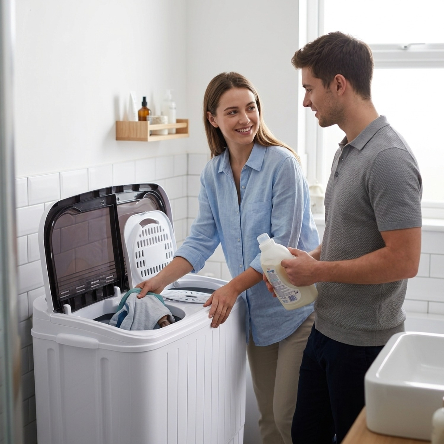 Portable Washing Machine 14.3lbs Capacity 110V Semi Automatic Dual Tub with Drain Pump Grey Lid Ripple Design Top Load Chrome Square 0 26 2 64gal US Plug Laundry Appliance Modern Durable Plastic Body