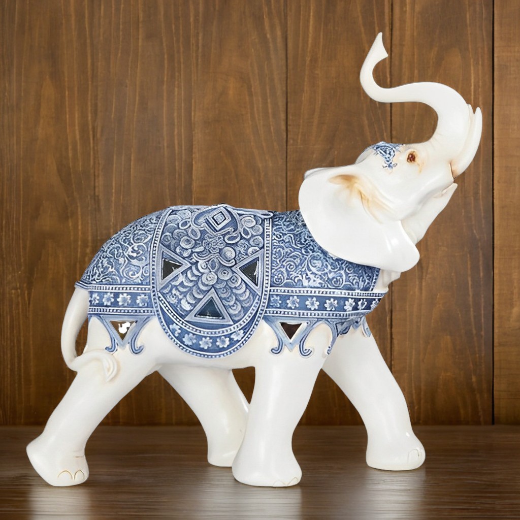 Blue and White Thai Elephant Figurine - 12.5" Decorative Statue