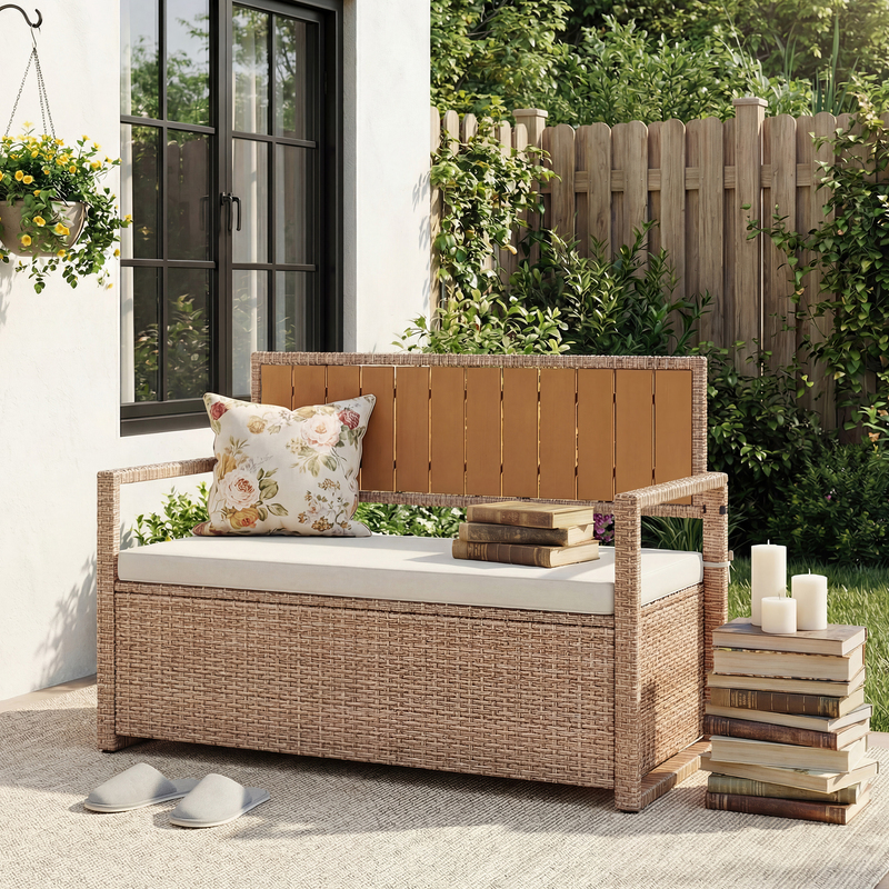 Wicker storage stool Iron Plastic wood Wicker Wicker Waterproof cushion Wicker storage stool