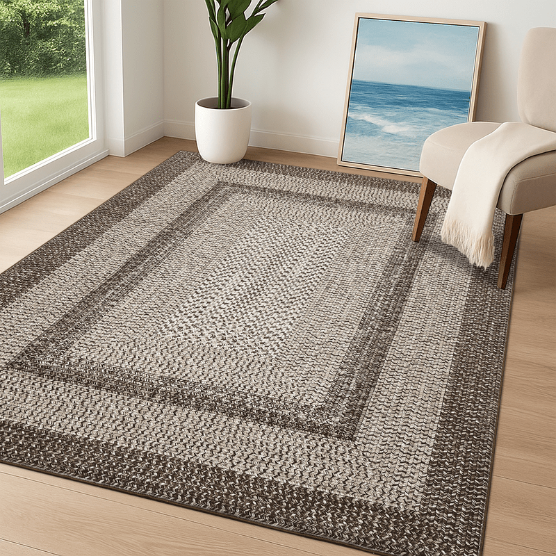 8x10 Feet Farmhouse Area Rug For Living Room And Bedroom, Camel Ultra-thin Floor Carpet With Non-slip, Durable Braided Print