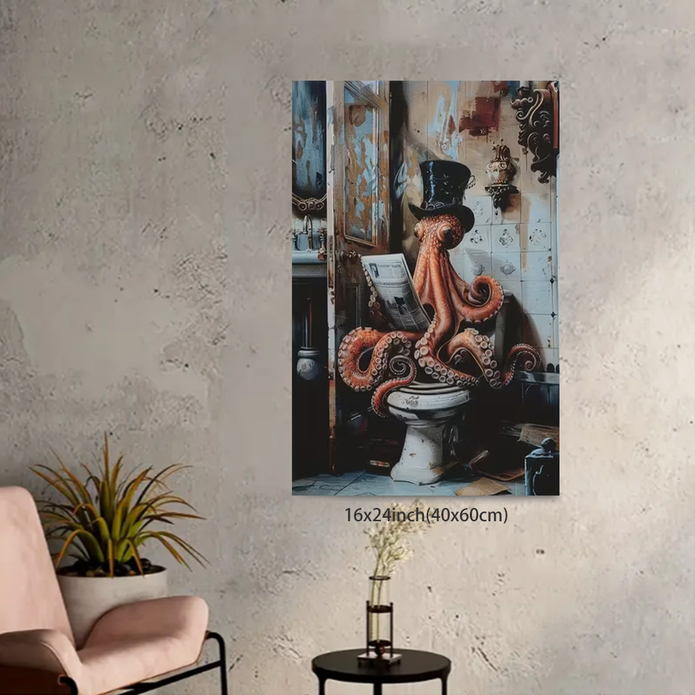 Framed 1pc Whimsical Victorian Octopus in Top Hat Sitting on Toilet, Gothic Canvas Art Print – Humorous Anthropomorphic Wall Decor for Home, Office, or Café, Octopus Bathroom Decor, 2D, Perfect for Room Decor