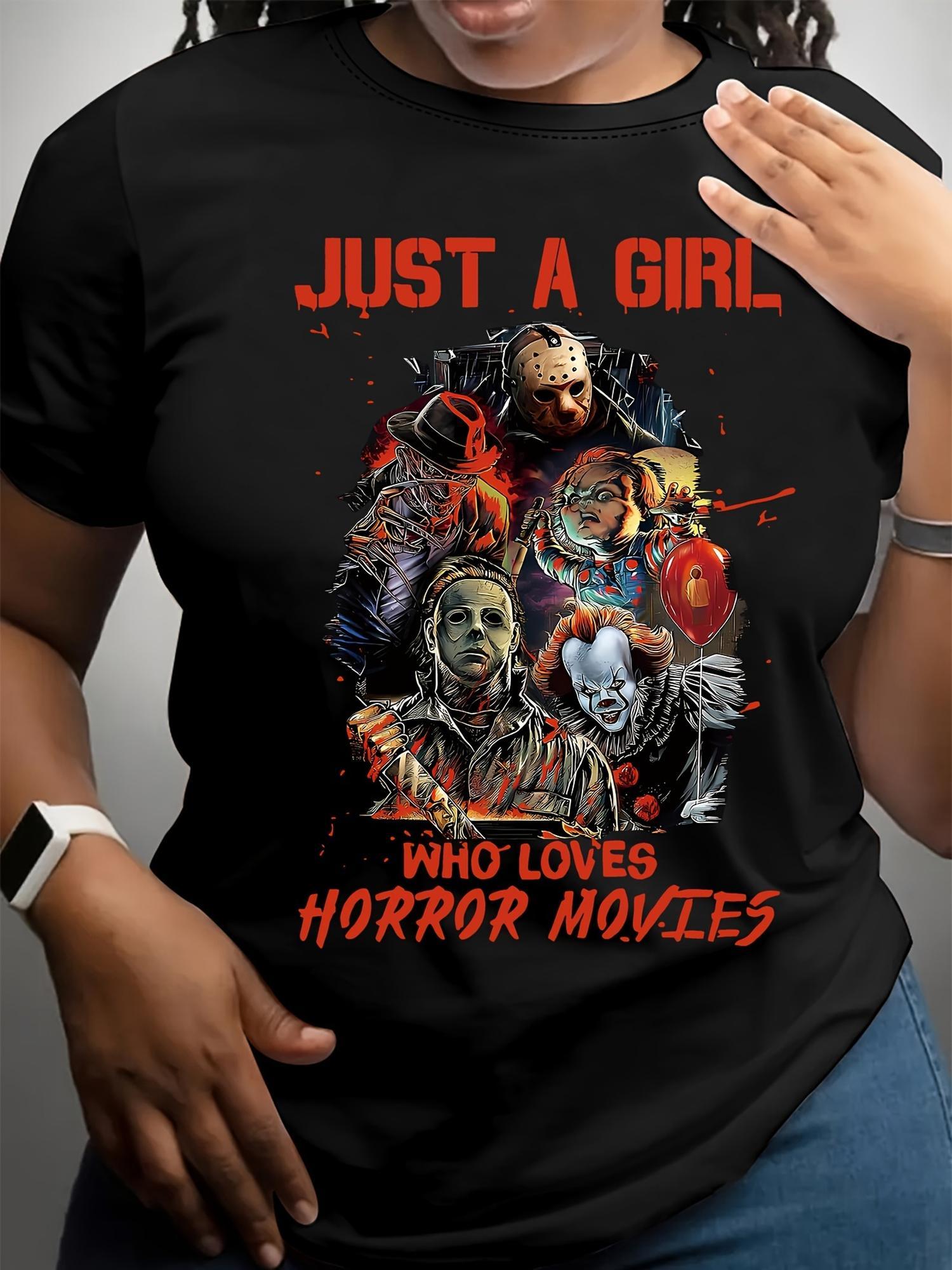 Women's Halloween Horror Movie T-Shirt – Spooky Graphic V-Neck Top For Halloween Season
