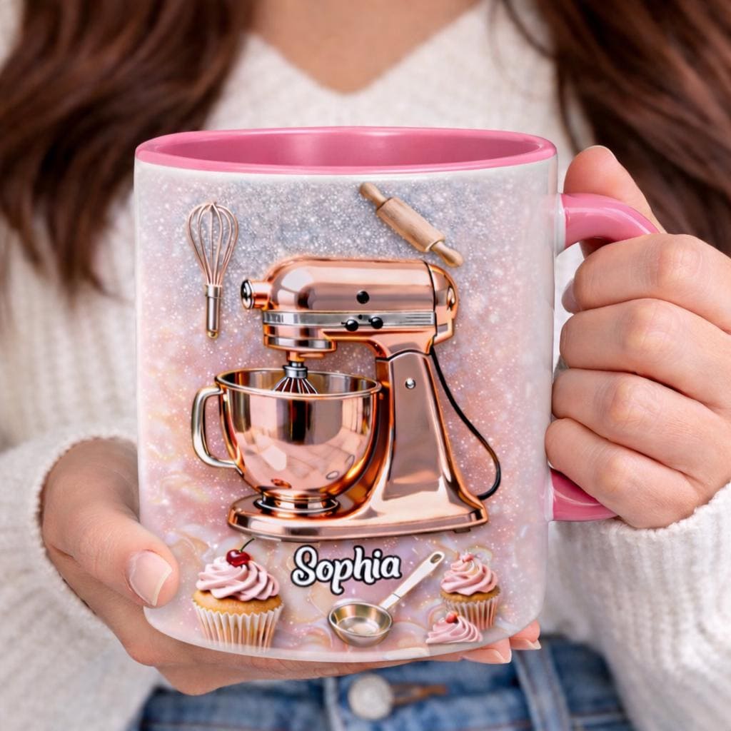 Personalized Baker Mug With Name, Baking Lover Coffee Mug, Pink Stand Mixer Cup, Custom Name Mug, Gift For Baker Woman