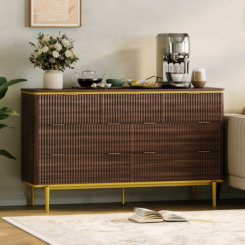 GarveeHome 7 Drawers Dresser for Bedroom, 54in Wide Fluted Chest of Drawers Dresser Wood Storage Cabinet Curved Design TV Stand with Gold Metal Handles for Bedroom Living Room, Walnut