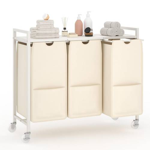 rolling laundry hamper with wheels and shelves 3 ll out removable sorter bags 5 gal mobile laundry storage cart for bedroom bathroom dorm white and beige