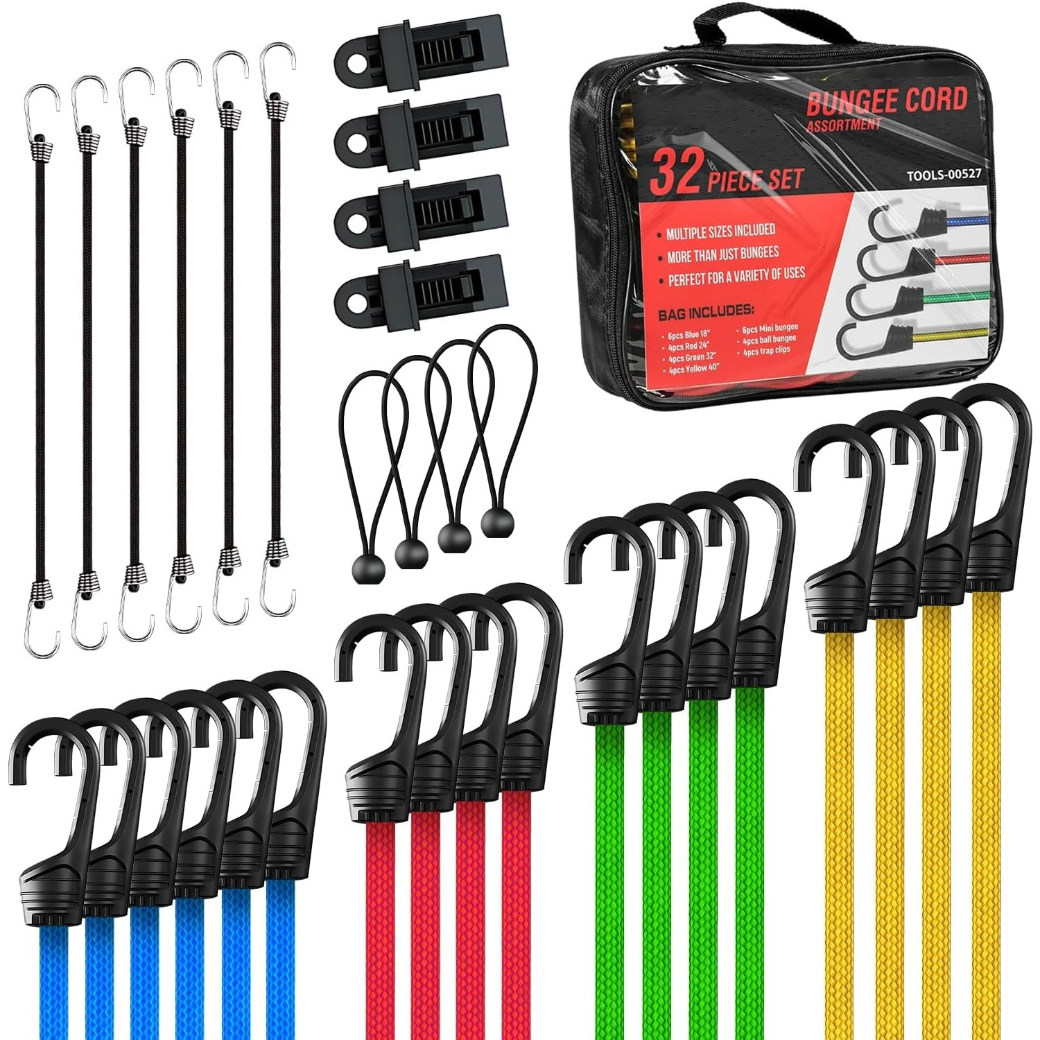 32 Pcs Bungee Cords, Heavy Duty Outdoor Assorted Sizes In Organize Bag, 10" 18" 24" 32" 40" Cords With Hooks, 8" Bungee Balls