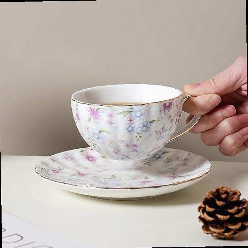   country style floral tea cup and saucer set 6 ounces cappuccino coffee cup with gold trim porcelain teacups for women and   Product details 2
