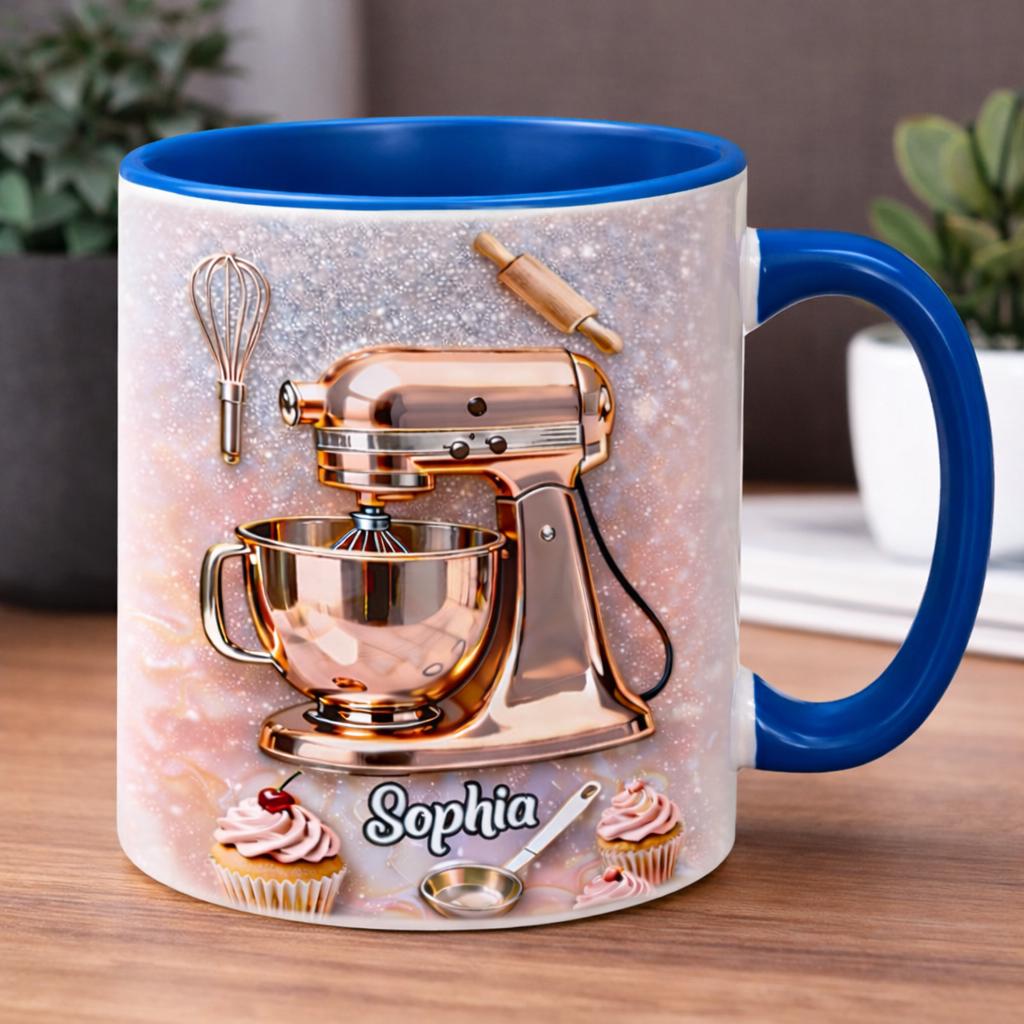 Personalized Baker Mug With Name, Baking Lover Coffee Mug, Pink Stand Mixer Cup, Custom Name Mug, Gift For Baker Woman