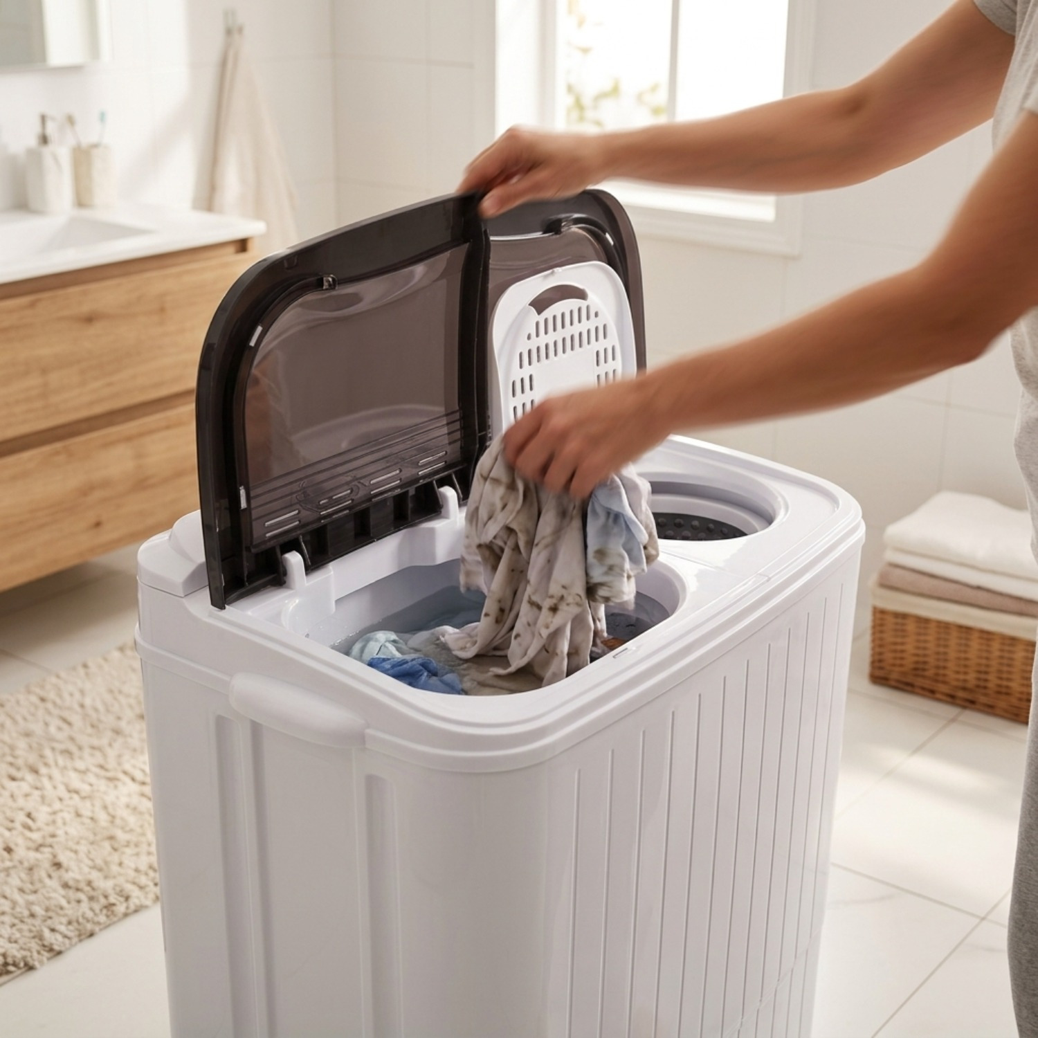 Portable Washing Machine 14.3lbs Capacity 110V Semi Automatic Dual Tub with Drain Pump Grey Lid Ripple Design Top Load Chrome Square 0 26 2 64gal US Plug Laundry Appliance Modern Durable Plastic Body