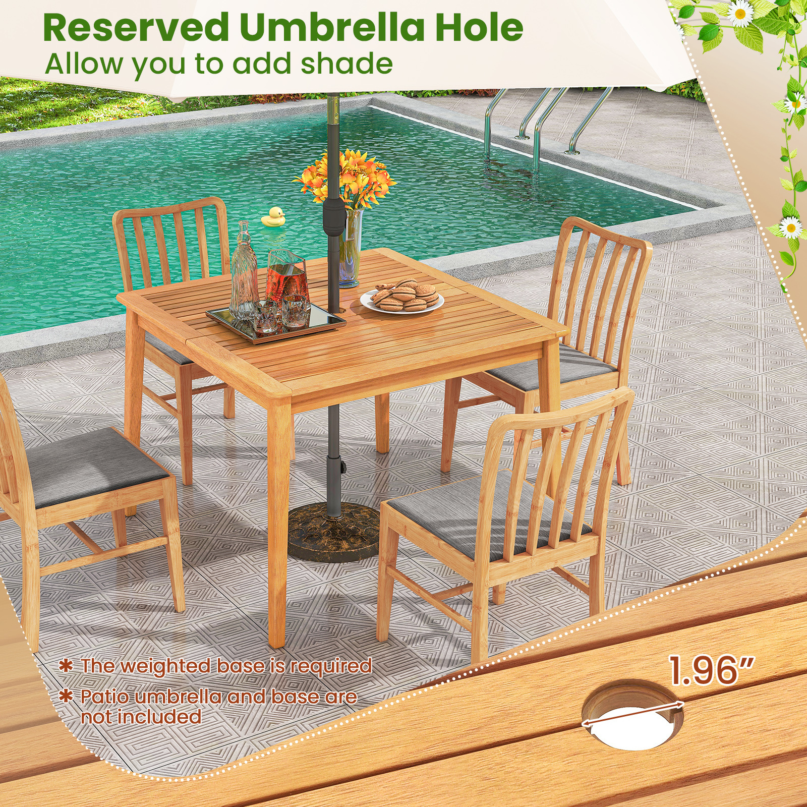 5-Pieces Patio Dining Table Set Wood Square Dining Table with 4 Chairs and Slatted Tabletop, Comfortable Outdoor Seating for Patio Garden Porch Pool Beach