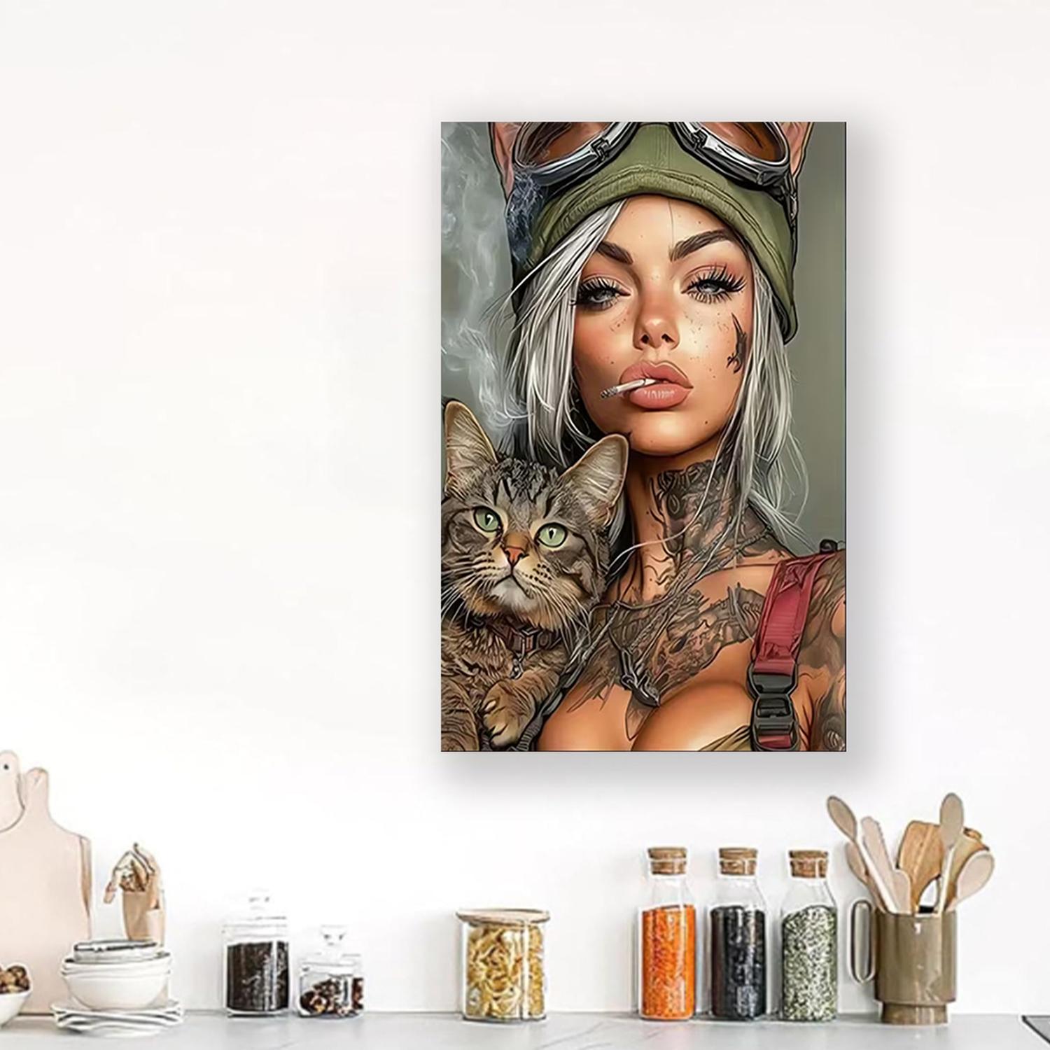 Framed 2D falt A lady with a cat tattoo - Modern urban wall decoration suitable for living rooms bedrooms offices dining rooms bars - Unique gift ideas office artworks | Tattooed lady theme | Decor posters wall art decoration