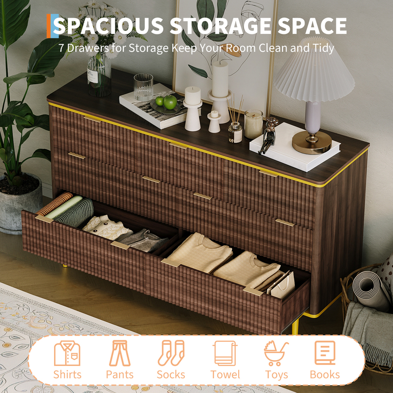GarveeHome 7 Drawers Dresser for Bedroom, 54in Wide Fluted Chest of Drawers Dresser Wood Storage Cabinet Curved Design TV Stand with Gold Metal Handles for Bedroom Living Room, Walnut