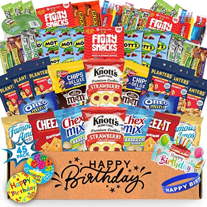 Birthday Gift Basket Care Package (45 Count) Snacks Food Chips Candy Party Variety Gift Box Pack Assortment Basket Bundle Mix Bulk Sampler