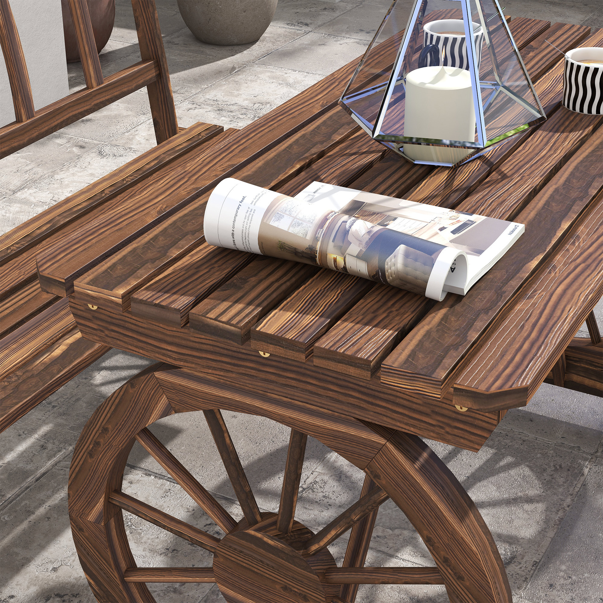 Outdoor Table and Chairs for 4 People, Wooden Patio Table and Dining Bench Set, 3 Piece All Weather Furniture Set with Wagon Wheel Design for Backyard Garden, Deck, Carbonized