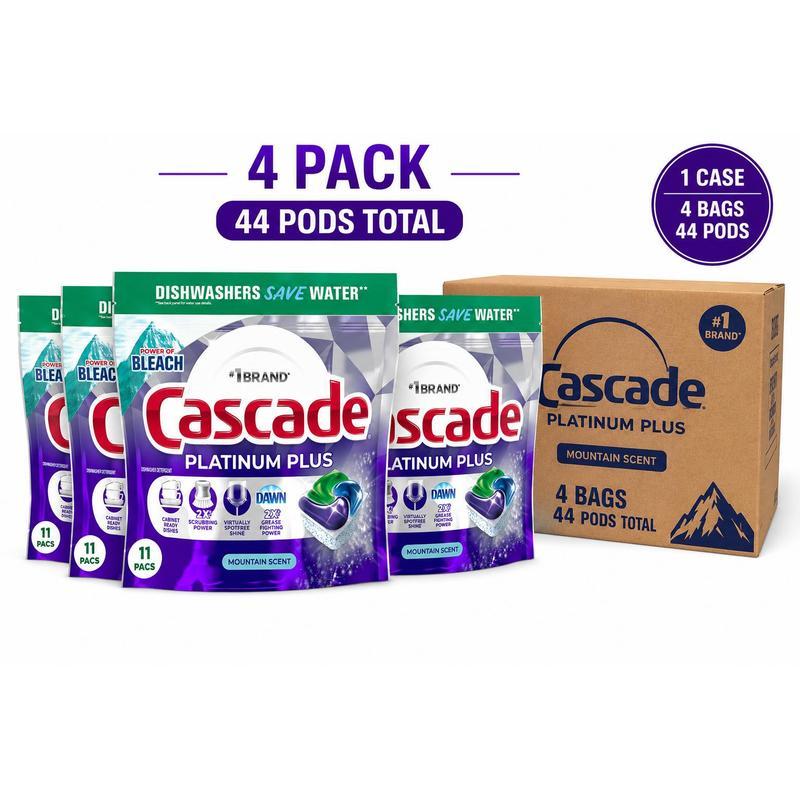 TEMU Dishwasher Detergent Pods, Mountain Scent, 4 Pack (11 Pods Each) – 44 Total Pods (1 Case) – Power Of Bleach + Dawn Grease Fighting Action