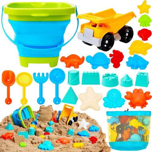 beach sand toys set dump truck car toy with sand molds for toddlers outdoor play collapsible foldable buckets mesh bag shovels castle animal mold sets kids ages sandbox toys