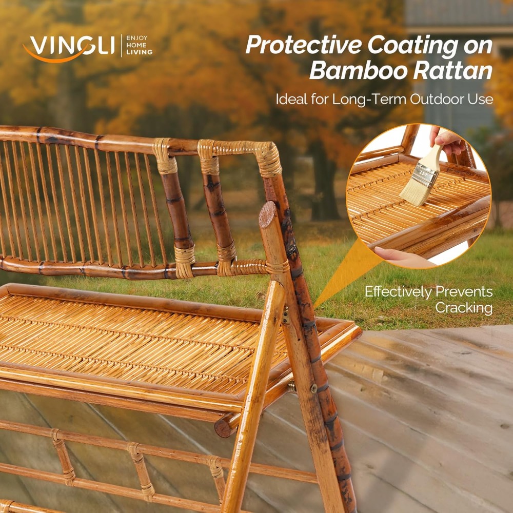 Handmade Bamboo Rattan Double Seat Folding Loveseat - Sturdy Portable Foldable Chair for Outdoor Patio Balcony Garden, Space-Saving Outdoor Leisure Chair
